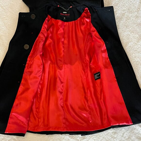 Miss Sixty Black Wool Blend Double Breasted Pea Coat with a red lining Medium - Picture 3 of 8